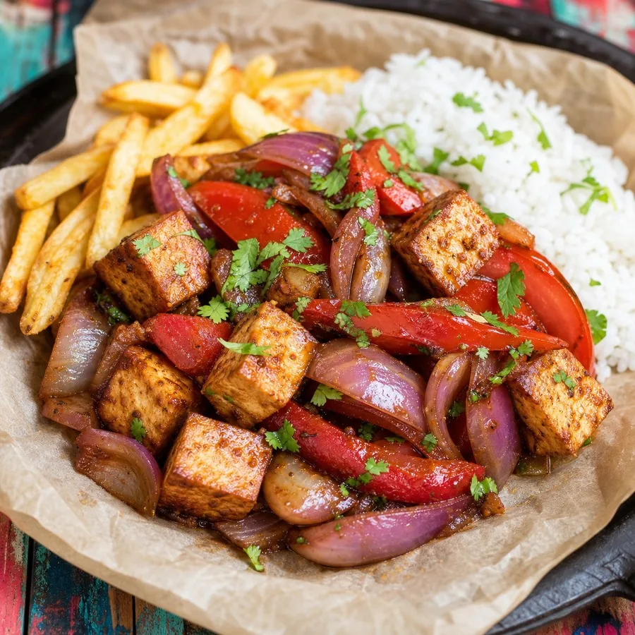 Peruvian Lomo Saltado with Tofu, finished dish