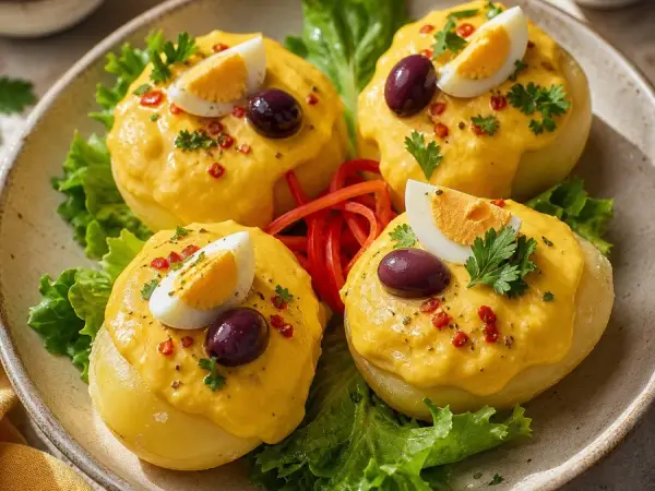 Peruvian Papa a la Huancaina Stuffed Potatoes, finished dish