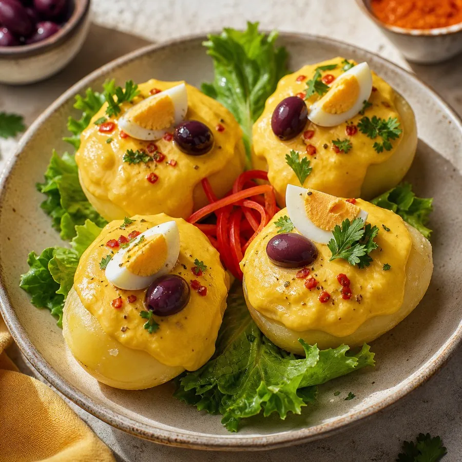 Peruvian Papa a la Huancaina Stuffed Potatoes, finished dish