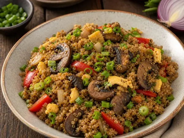 Peruvian Quinoa Chaufa with Mushrooms, finished dish