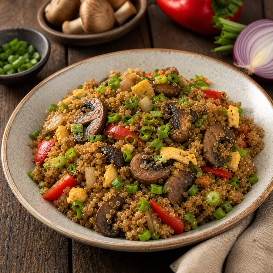 Peruvian Quinoa Chaufa with Mushrooms, finished dish