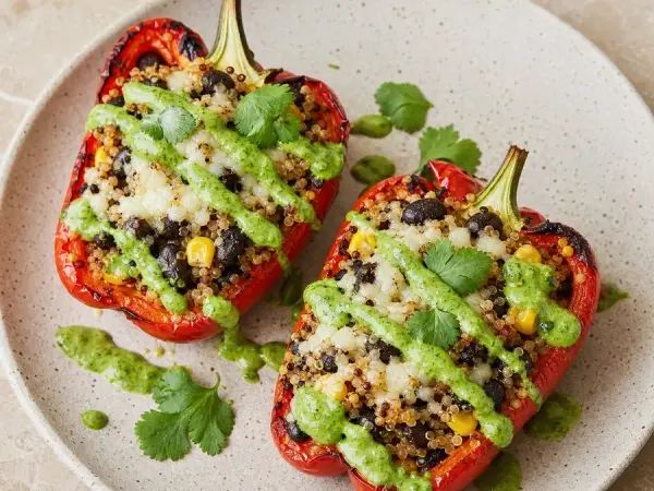 Stuffed red peppers with quinoa, black beans and green aji verde sauce