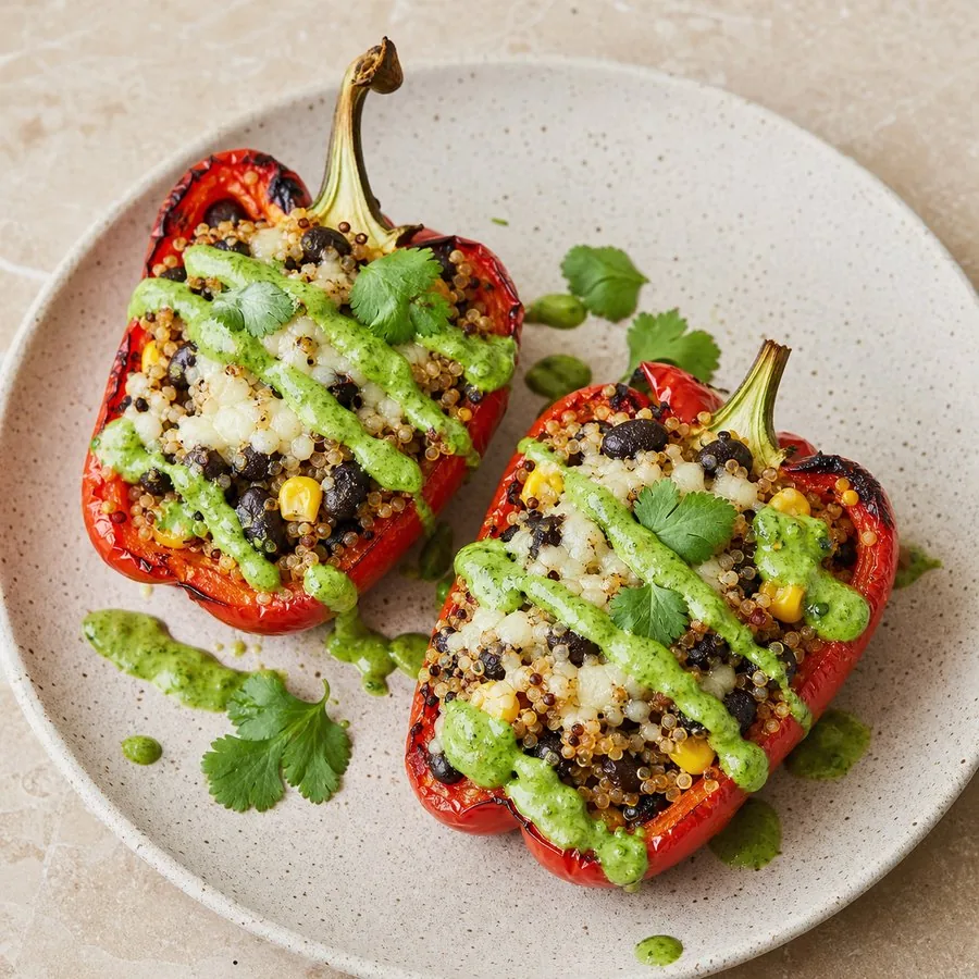 Stuffed red peppers with quinoa, black beans and green aji verde sauce
