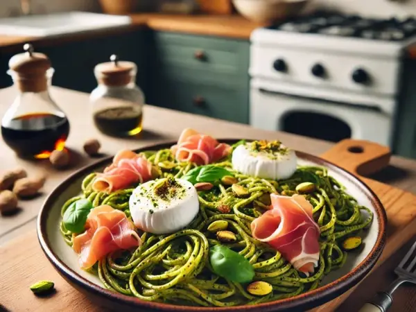 Pistachio Pesto Burrata Pasta with Crispy Prosciutto, finished dish