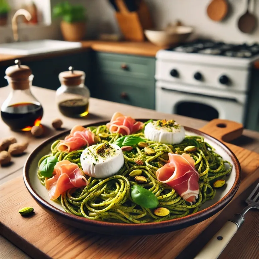 Pistachio Pesto Burrata Pasta with Crispy Prosciutto, finished dish