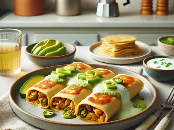 Poblano Chicken Enchiladas with Creamy Avocado Sauce, finished dish