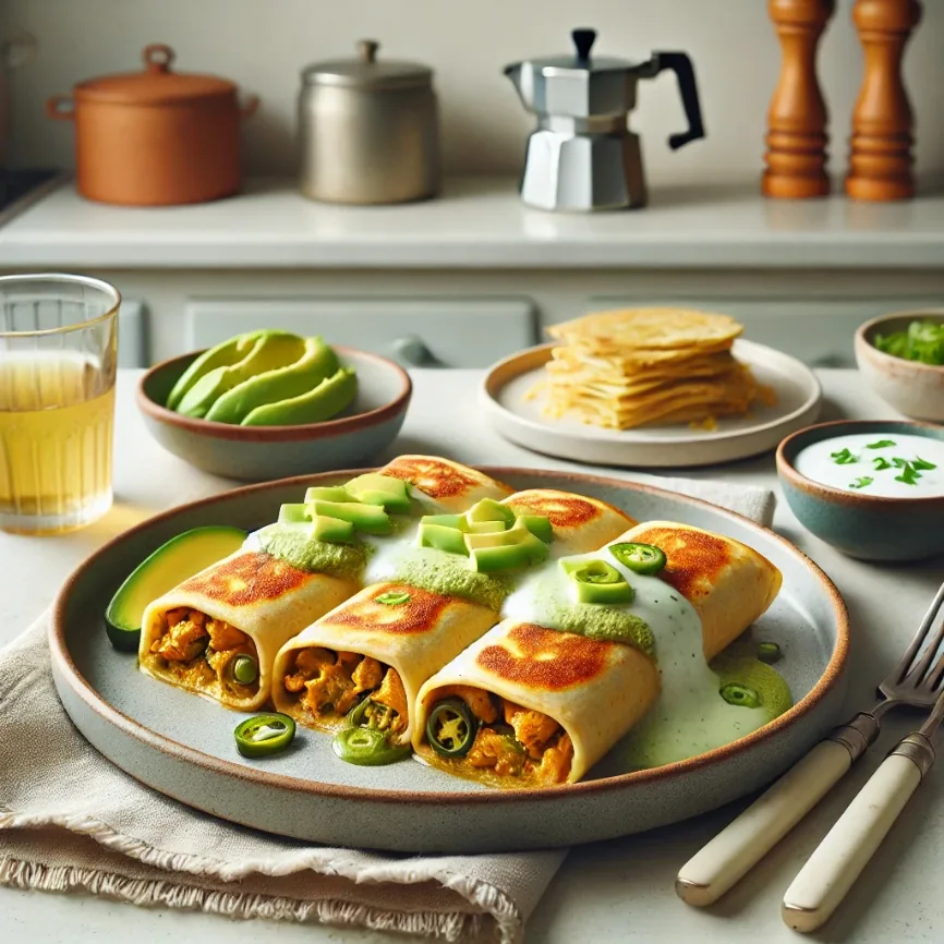 Poblano Chicken Enchiladas with Creamy Avocado Sauce, finished dish