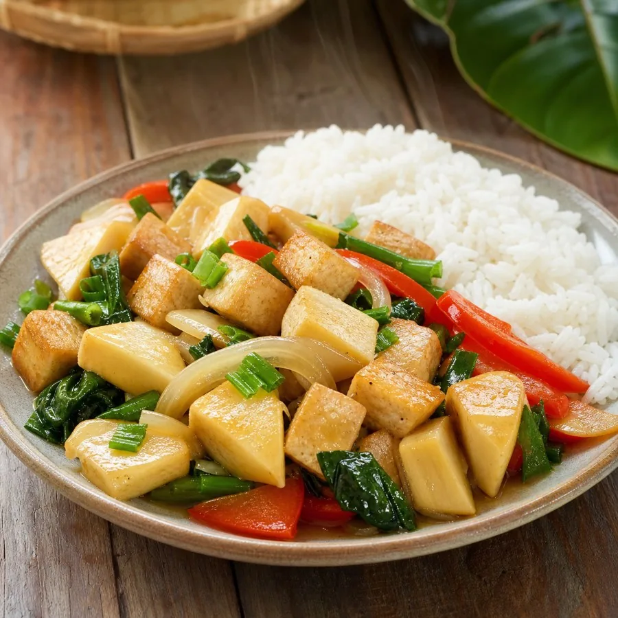 Pohnpeian Breadfruit Tofu Stir-Fry, plated as a finished dinner