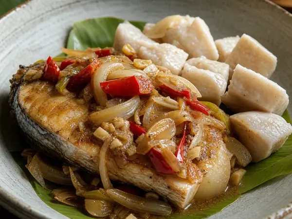 Pohnpeian Pepper Fish with Taro, plated as a finished dinner