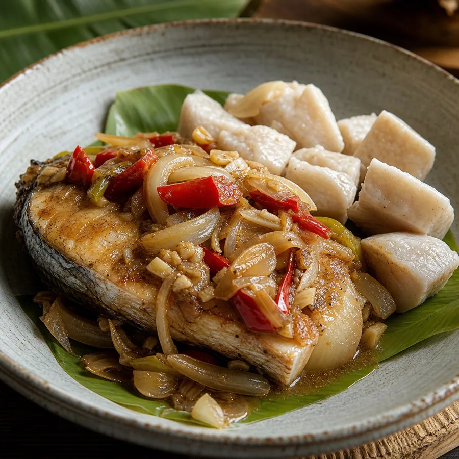 Pohnpeian Pepper Fish with Taro, plated as a finished dinner