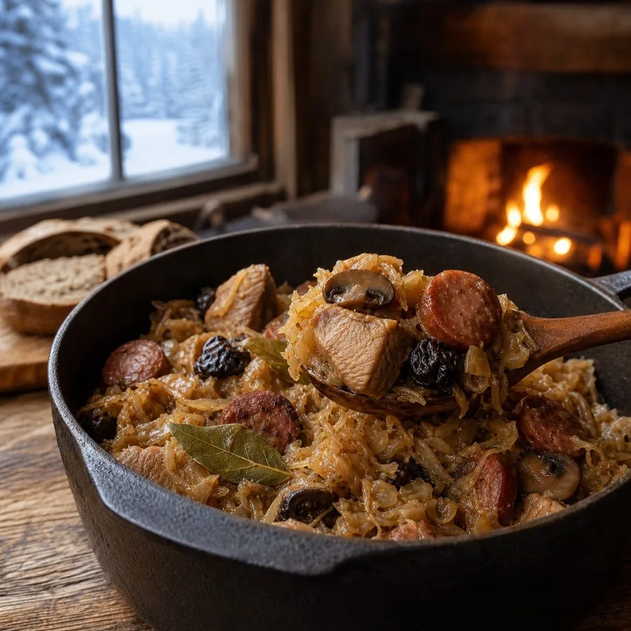 Polish Hunter's Stew with Cabbage and Sausage, finished dish