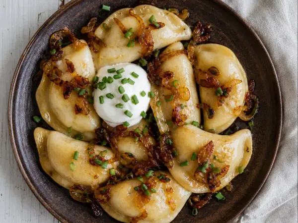 Potato cheese pierogi with caramelized onions and sour cream