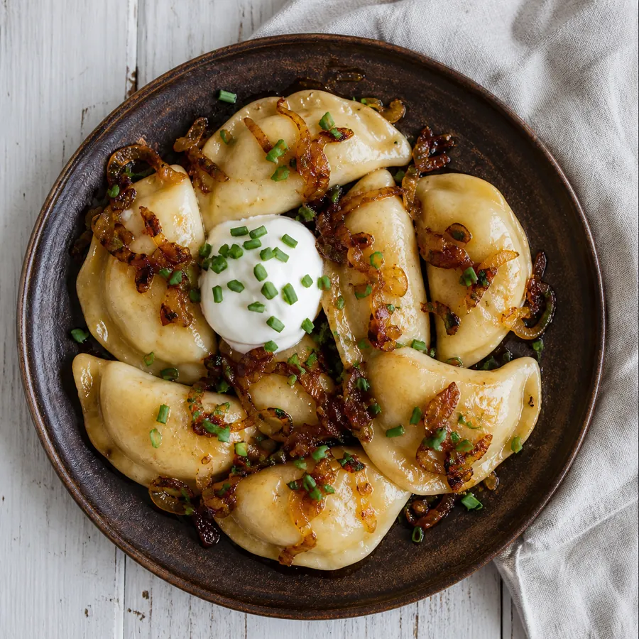 Potato cheese pierogi with caramelized onions and sour cream