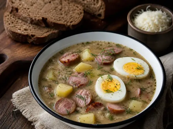 Polish zurek soup with sausage, potato and egg