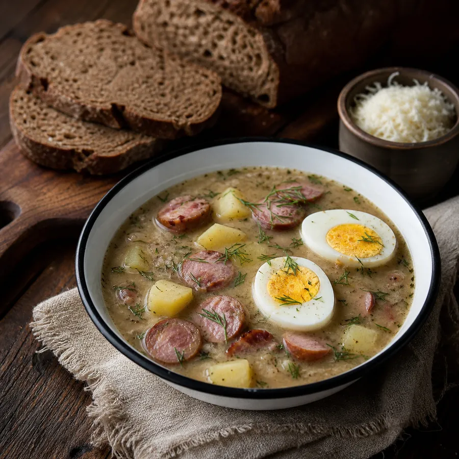 Polish zurek soup with sausage, potato and egg