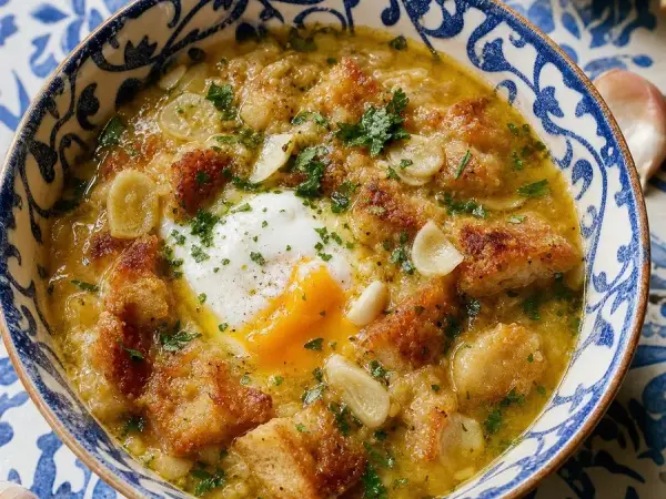 Portuguese Açorda Garlic Bread Soup with Egg, finished dish