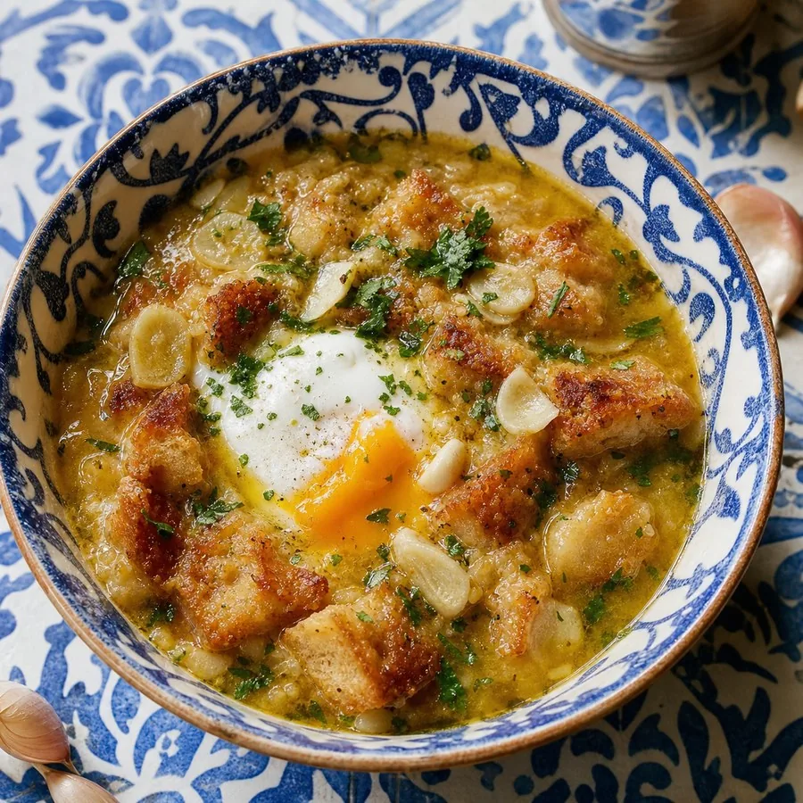 Portuguese Açorda Garlic Bread Soup with Egg, finished dish