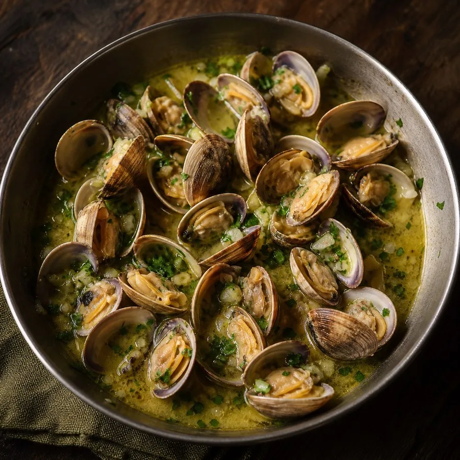 Portuguese Amêijoas à Bulhão Pato, finished dish