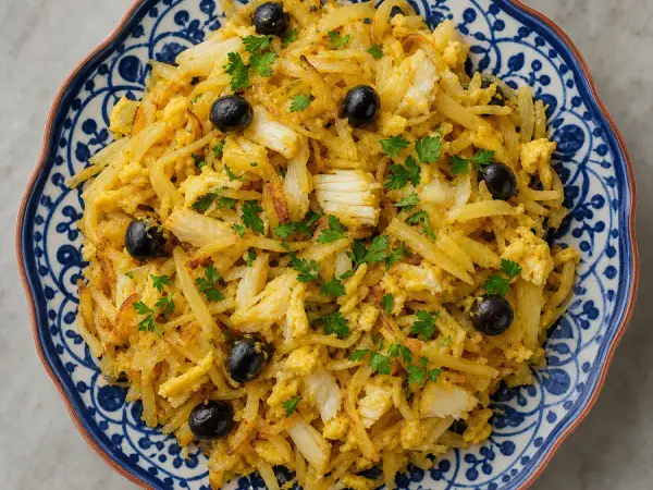 Portuguese salt cod with potatoes, egg and olives