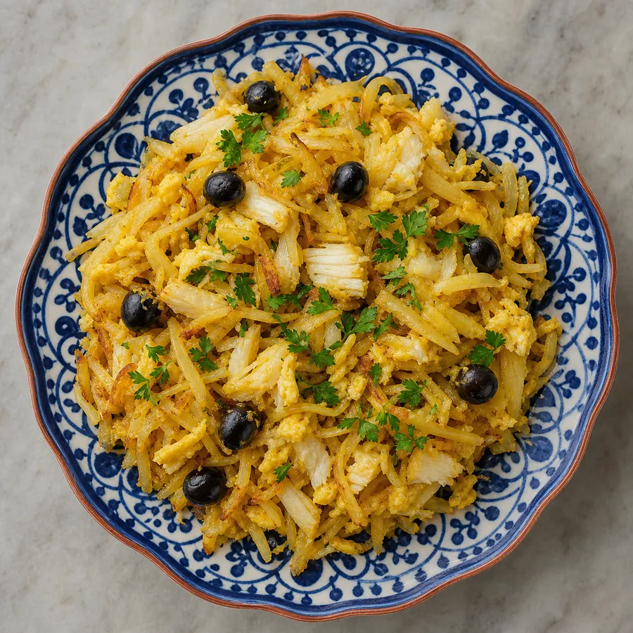 Portuguese salt cod with potatoes, egg and olives