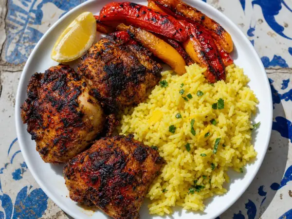 Piri-piri chicken with lemon rice and grilled peppers