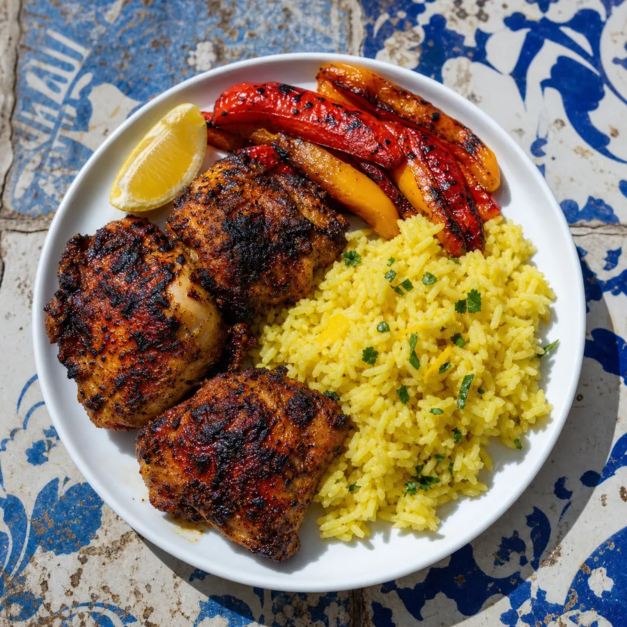 Piri-piri chicken with lemon rice and grilled peppers