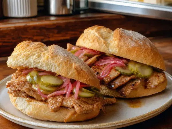 Pork bifana sandwiches with pickled onions and cucumber