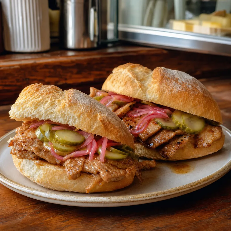 Pork bifana sandwiches with pickled onions and cucumber