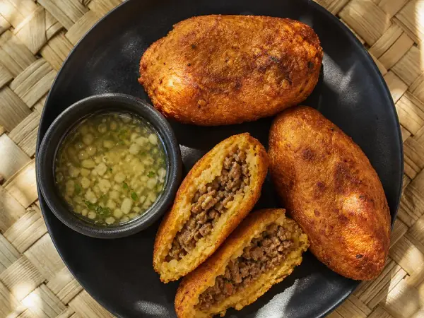 Golden plantain and yuca beef fritters with lime