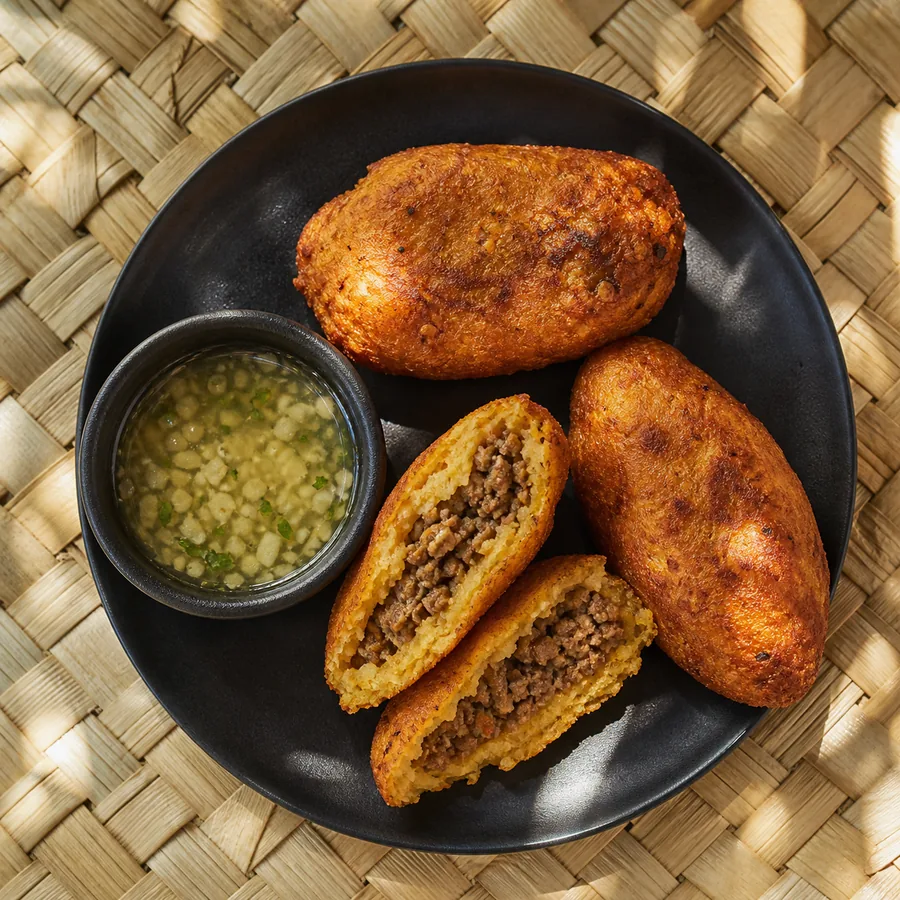 Golden plantain and yuca beef fritters with lime