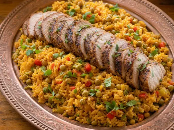 Roasted pork with pigeon pea rice, cilantro and lime