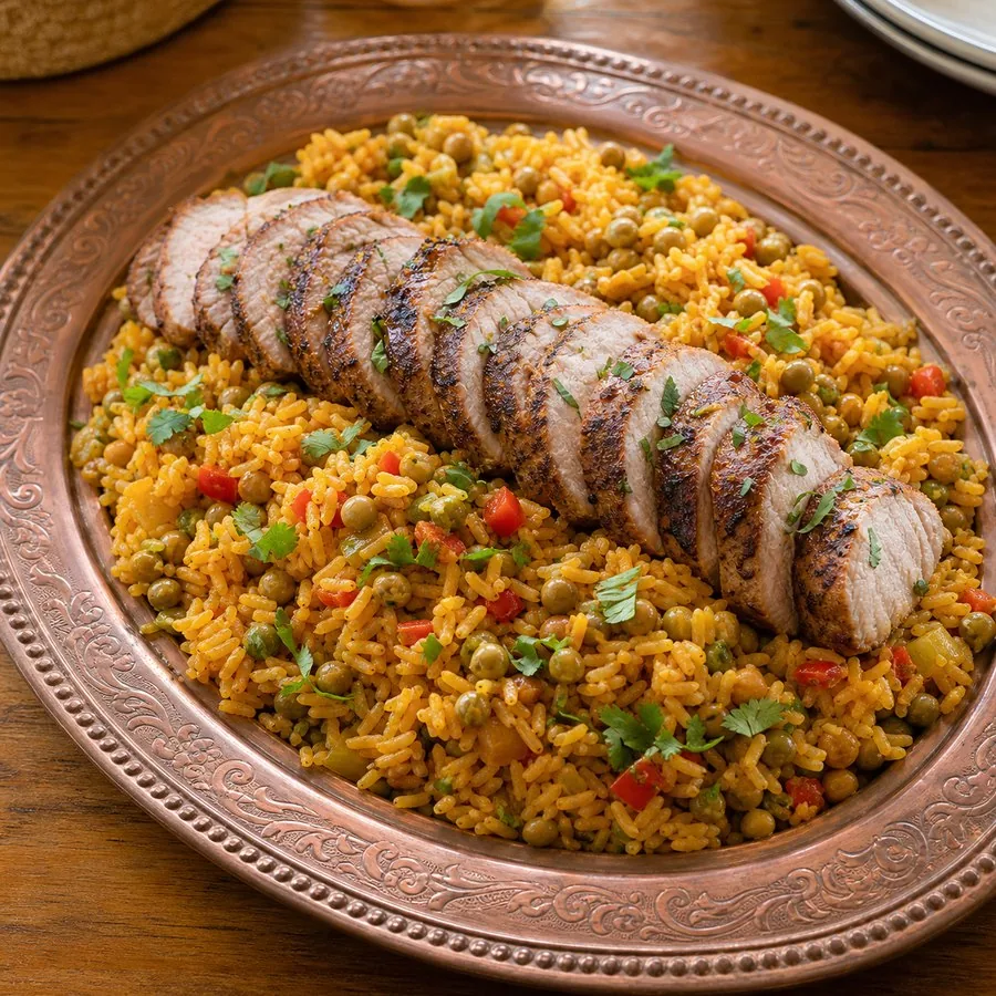 Roasted pork with pigeon pea rice, cilantro and lime
