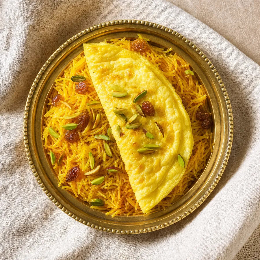 Qatari Balaleet with saffron vermicelli eggs and pistachios