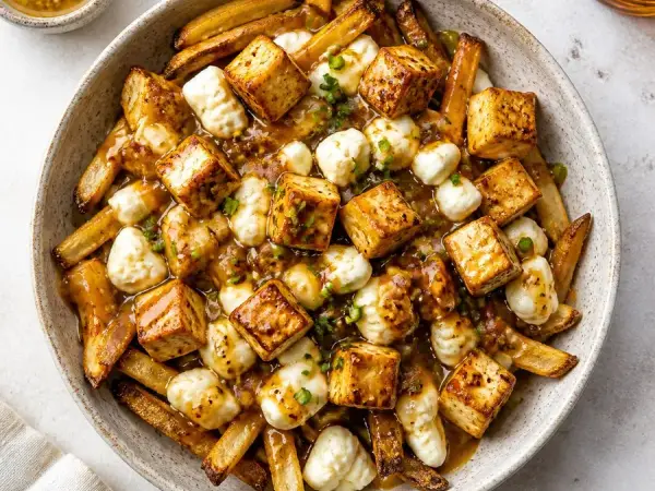 Quebec Maple Mustard Tofu Poutine, finished dish