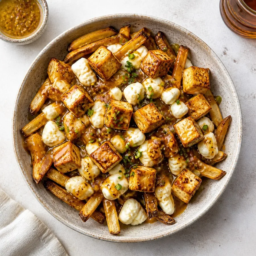 Quebec Maple Mustard Tofu Poutine, finished dish