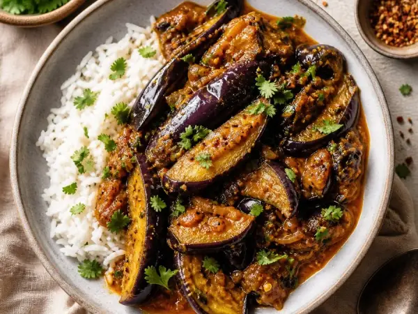 Reunion Bringelles Eggplant Curry, plated as a finished dinner