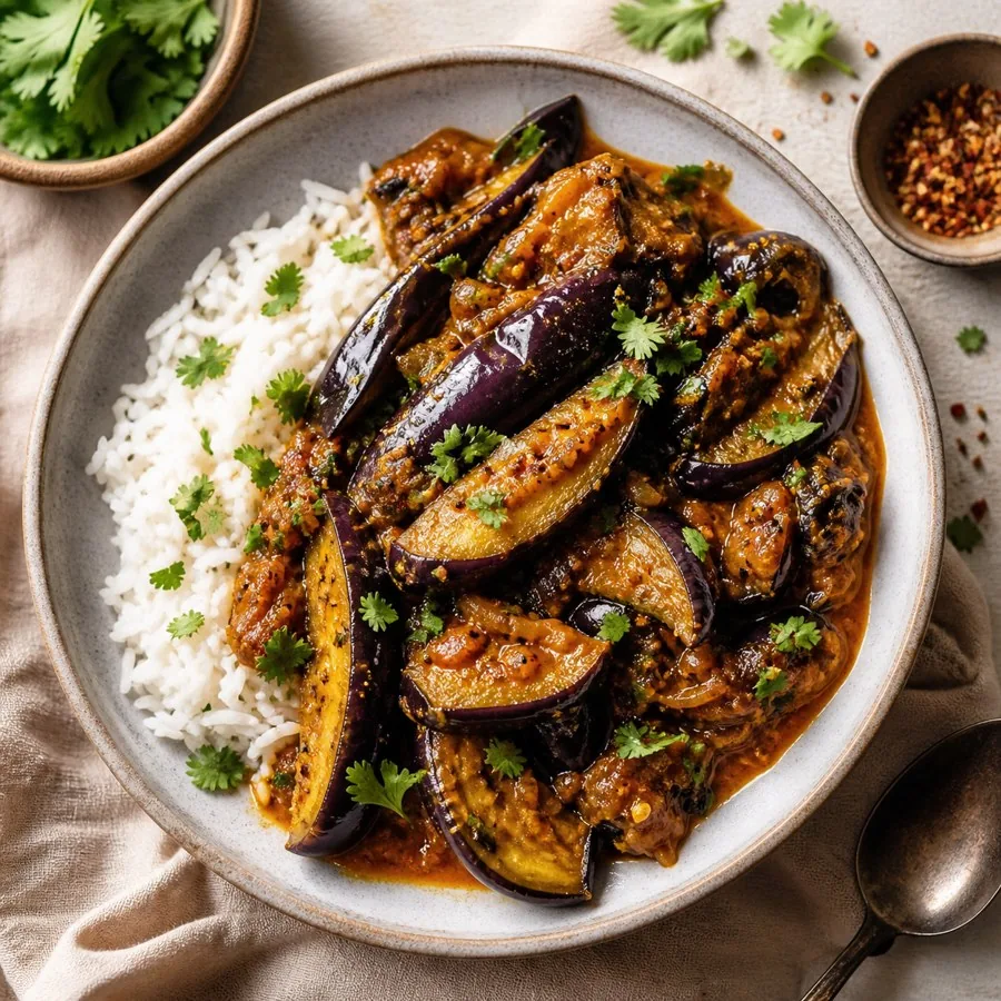 Reunion Bringelles Eggplant Curry, plated as a finished dinner