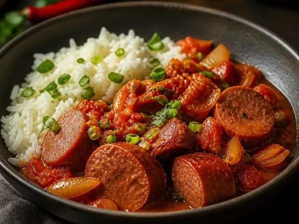Reunion Rougail Saucisse with Rice, plated as a finished dinner