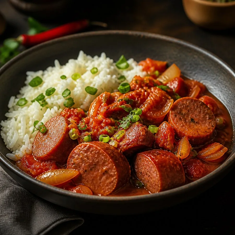 Reunion Rougail Saucisse with Rice, plated as a finished dinner
