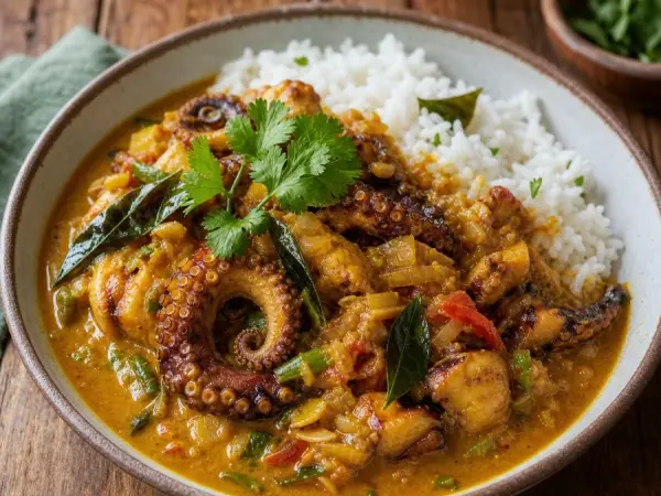 Rodrigues Octopus Coconut Curry, plated as a finished dinner
