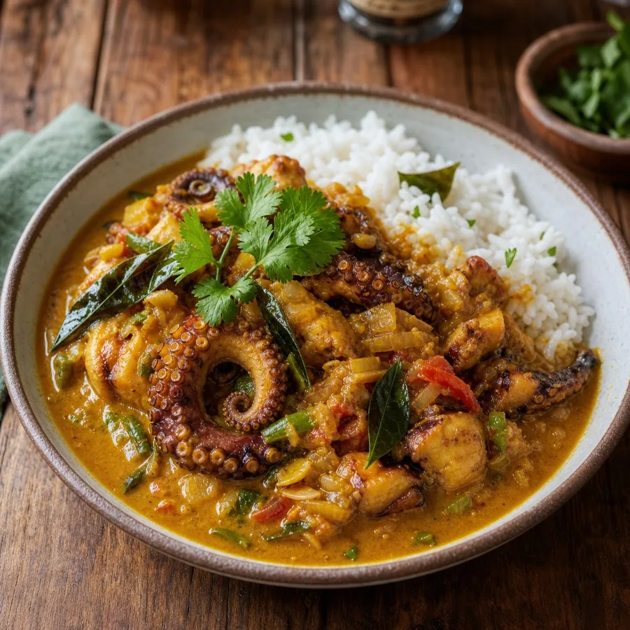 Rodrigues Octopus Coconut Curry, plated as a finished dinner