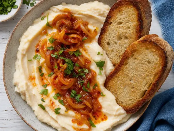 Romanian whipped white beans with paprika onions and toast