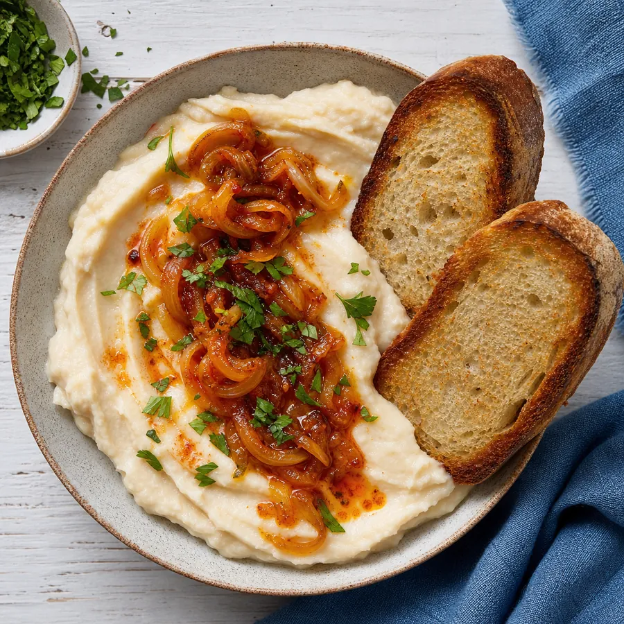 Romanian whipped white beans with paprika onions and toast