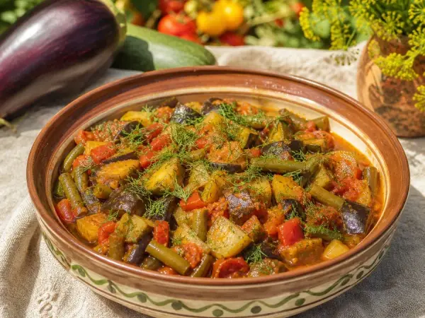 Romanian Ghiveci Summer Vegetable Stew, plated and ready to serve