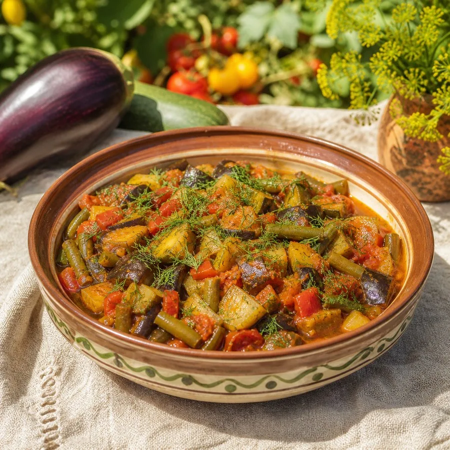 Romanian Ghiveci Summer Vegetable Stew, plated and ready to serve