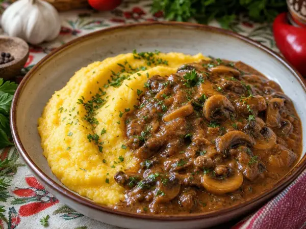 Romanian Mamaliga with Mushroom Ragout, finished dish