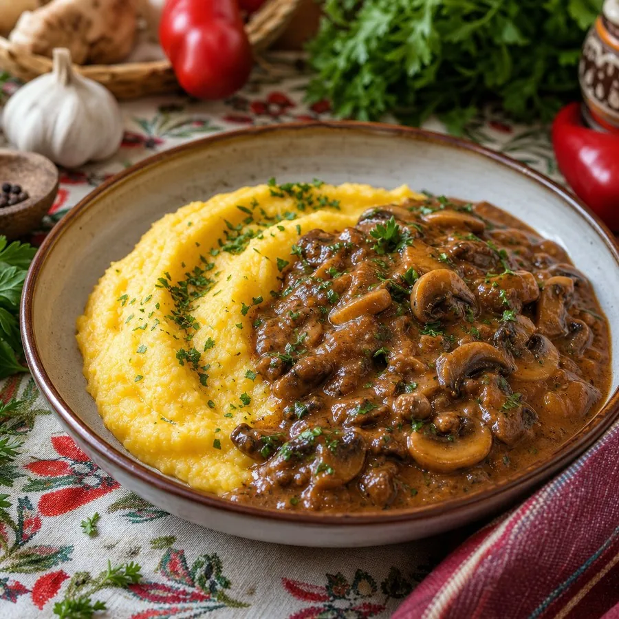 Romanian Mamaliga with Mushroom Ragout, finished dish