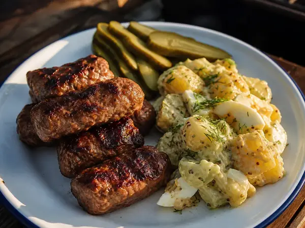 Romanian mici grilled meat rolls with mustard potato salad