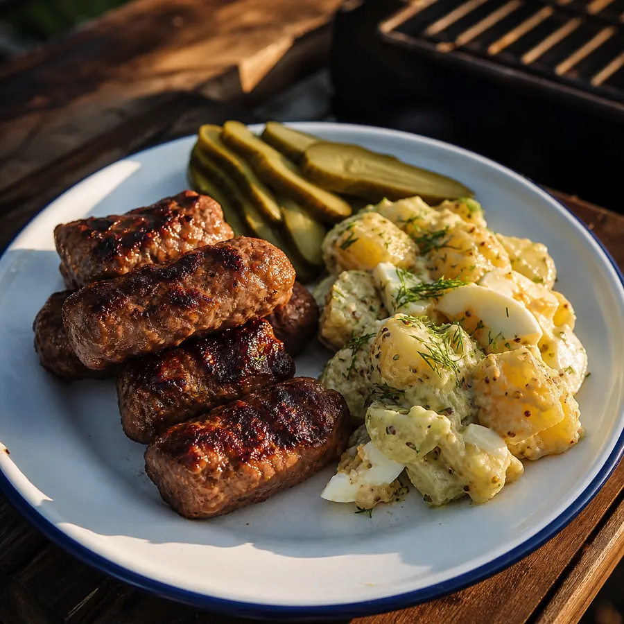 Romanian mici grilled meat rolls with mustard potato salad