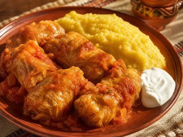 Romanian Sarmale Cabbage Rolls with Polenta, finished dish